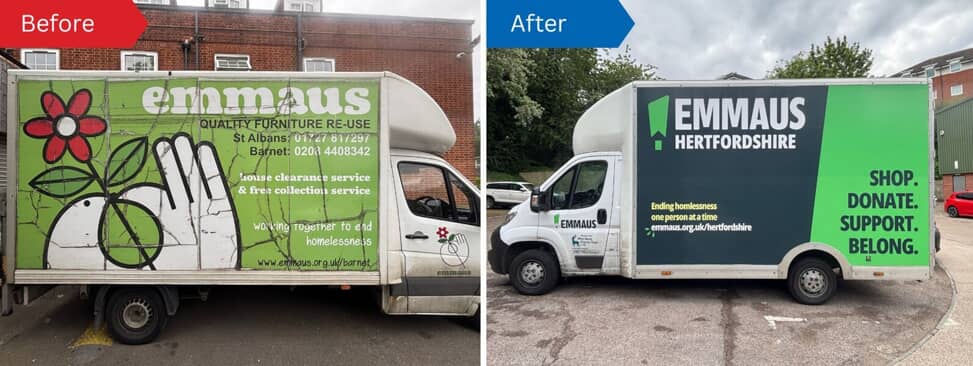 Side-by-side comparison showing an old faded Emmaus van next to a newly wrapped Luton vehicle with modern black, green, and white brand graphics.